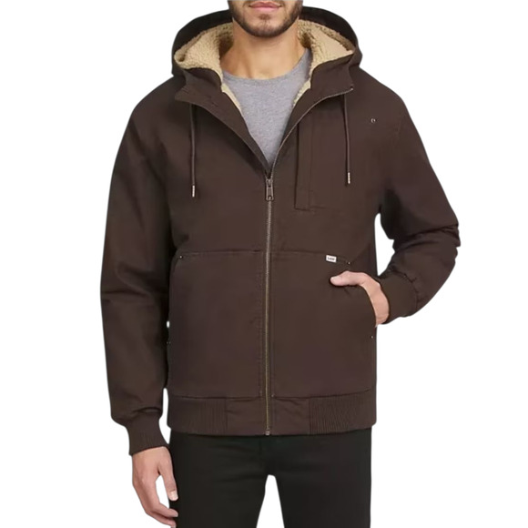 Lee Workwear Bomber Jacket Mens Medium Brown Sherpa Lined Hooded Coat Outdoor - Picture 1 of 14